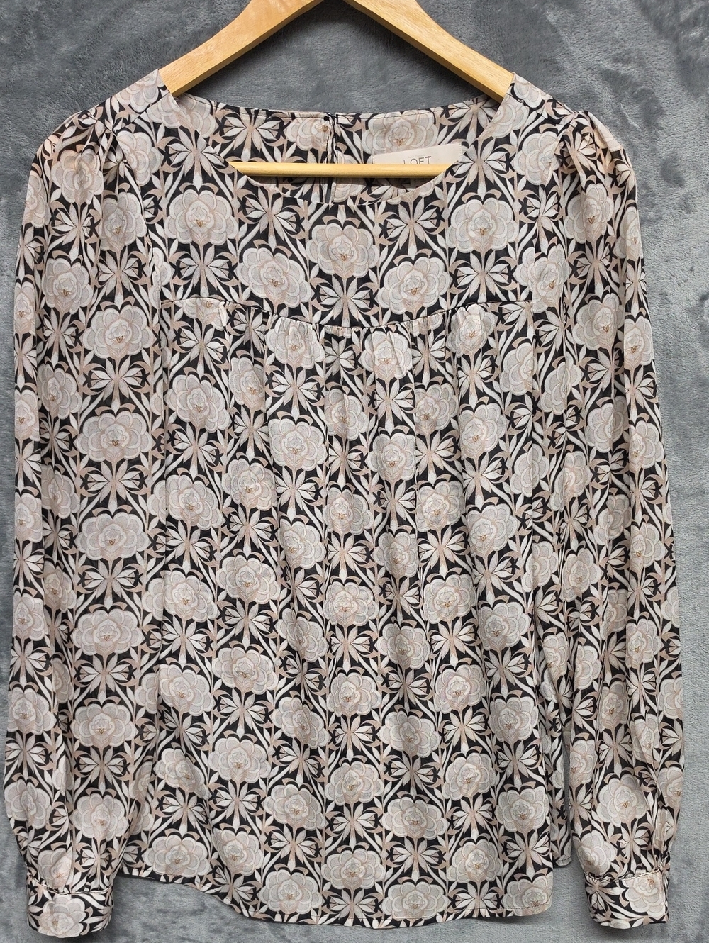 LOFT Black Blouse with Beige Floral Geometric Print